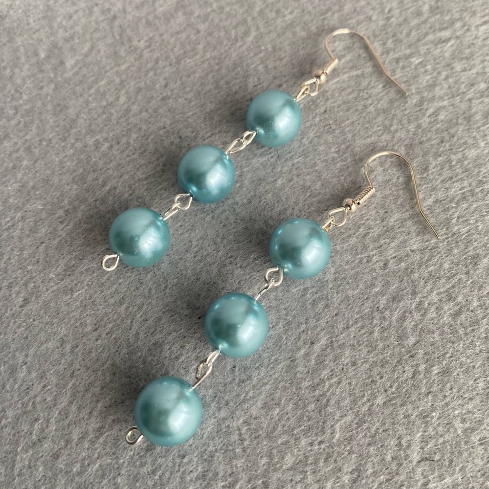 Handmade 3 light blue bead dangle earrings silver plated‎ nickel free